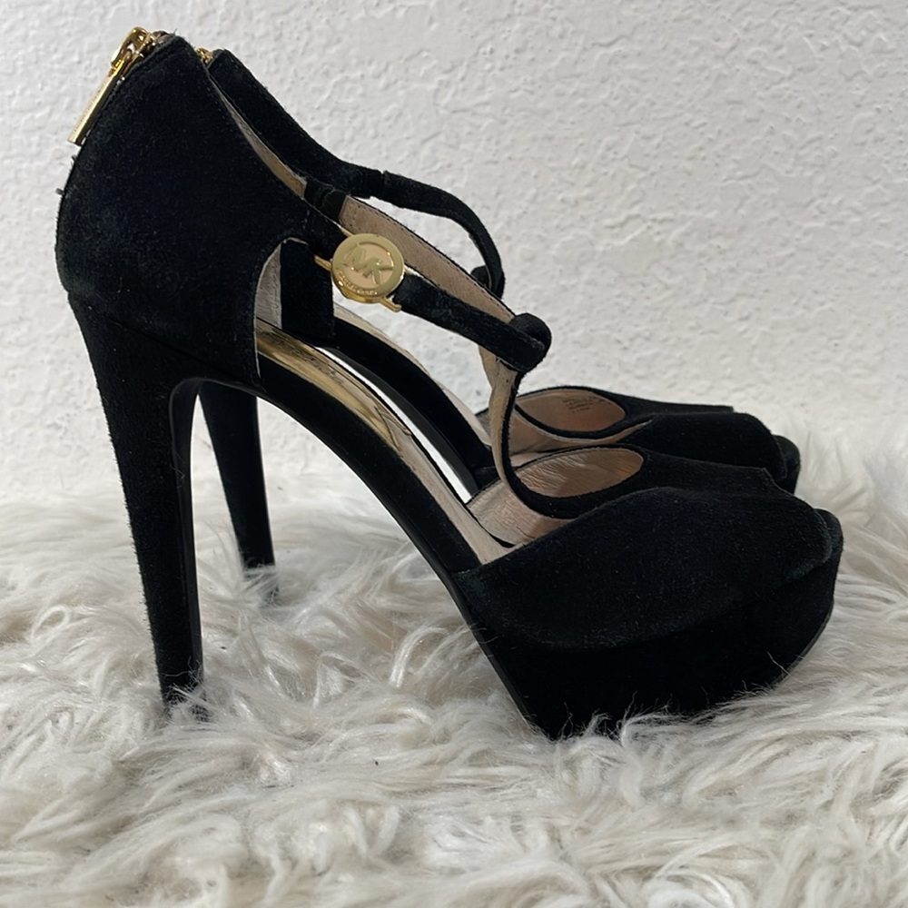MICHAEL MICHAEL KORS Suede T Strap Platform Stiletto Pump Black Women's Size 7.5